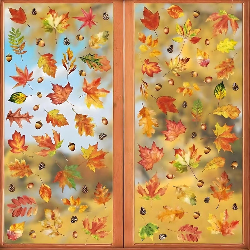 Litmitfu 112 Pcs Fall Thanksgiving Window Clings - Happy Thanksgiving Glass Window Decorations, Fall Maple Leaves Stickers Decals Set for Indoor Outdoor Home Decoration Autumn Party Decor Favors, 9 Sheets - Image 1